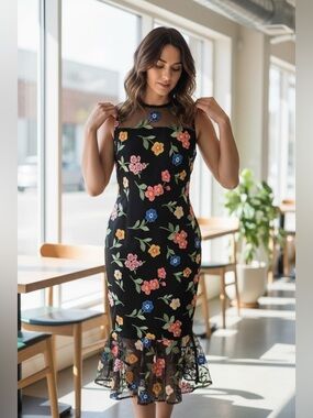 Calvin Klein Floral-Embroidered Trumpet Midi Dress Size 2